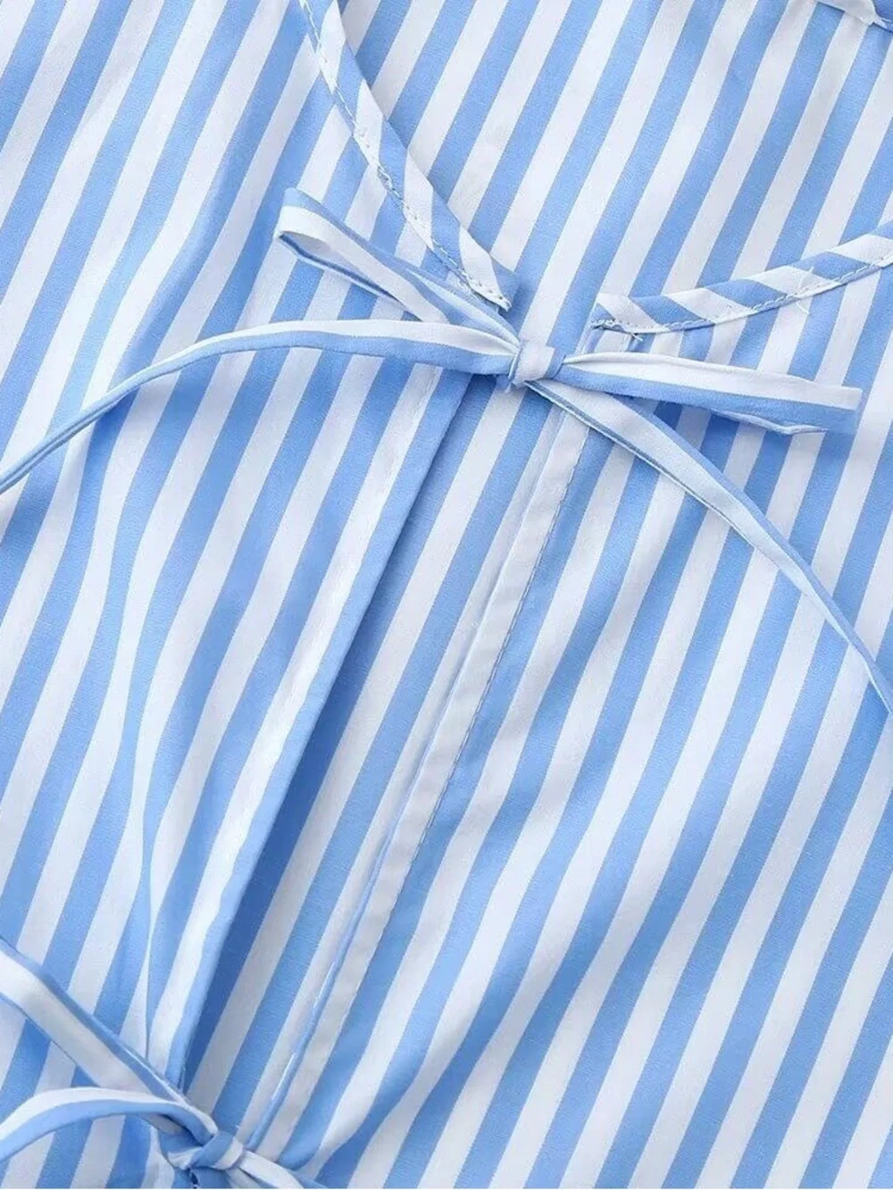 Zara Light Blue and White Striped Tie-Front Blouse